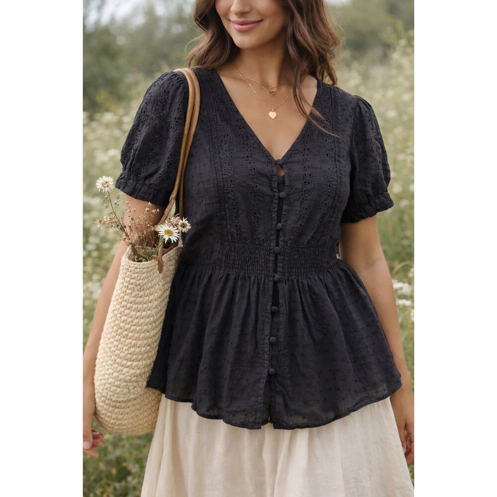Perch by Blu Pepper Black Eyelet Peplum Blouse 3XL Cottagecore Coastal Boho Top